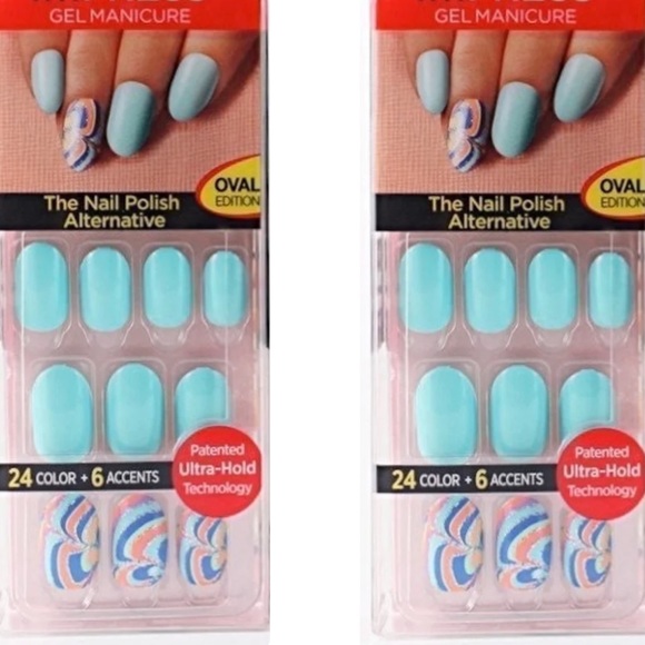 Kiss ImPress Press-On Short Length Oval Robin Blue Nails (Swirl Accents) x 2 - Picture 2 of 2